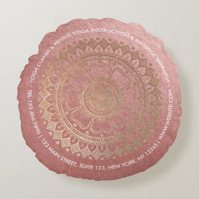 Yoga Meditation Instructor Pink Gold Foil Mandala Round Pillow (Front)