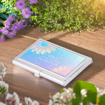 Yoga Meditation Instructor Rose Gold Foil Mandala Business Card Holder<br><div class="desc">Yoga Studio Meditation Instructor / Life Coach / Healer / Reiki Master / Massage Therapy Business Card Holder Template - 
Elegant Faux Rose Gold Foil Floral Lotus Mandala Symbols on Purple Blue Foil Background.</div>