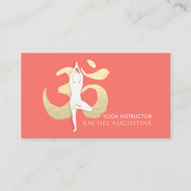 Yoga Meditation Instructor Tree Pose Gold OM Sign Business Card (Front)