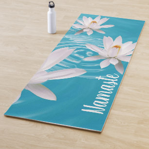 YOGA MEDITATION NAMASTE  WHITE LOTUS ON BLUE MAT