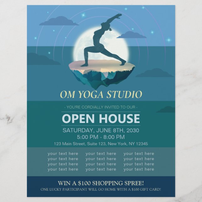 Yoga Meditation Pose Moon Flying Island Open House Flyer (Front)