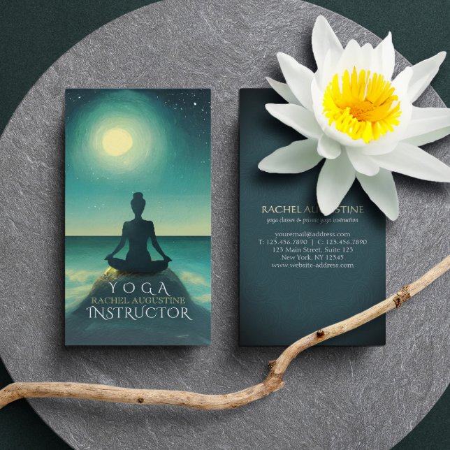 Yoga Meditation Pose on Rock Full Moon Stars Night Business Card (Creator Uploaded)