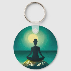 Yoga Meditation Pose on Rock Full Moon Stars Night Keychain