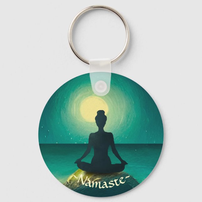 Yoga Meditation Pose on Rock Full Moon Stars Night Keychain (Front)