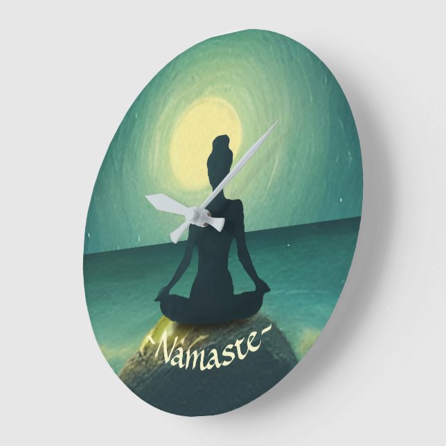 Yoga Meditation Pose on Rock Full Moon Stars Night Large Clock (Angle)