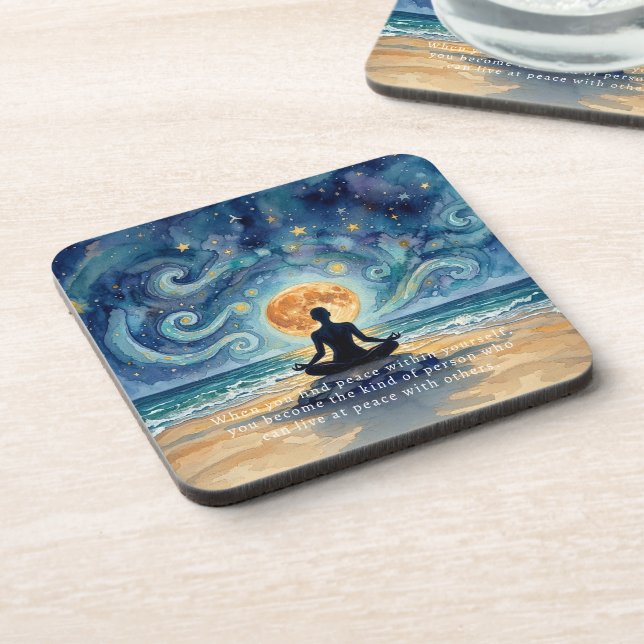 Yoga Meditation Starry Night Sky Moon Ocean Beach Coaster (Left Side)
