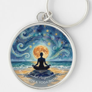 Yoga Meditation Starry Night Sky Moon Ocean Beach Keychain