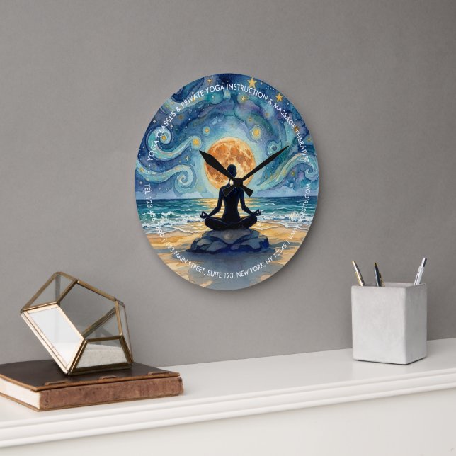 Yoga Meditation Starry Night Sky Moon Ocean Beach Large Clock (Office)