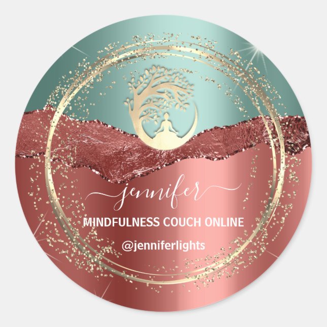 Yoga Mindfulness Therapist Couch Gold Rose Teal Classic Round Sticker (Front)