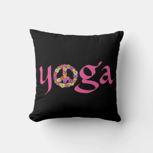 Yoga Peace Sign Floral on Black Throw Pillow