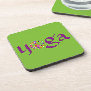 Yoga Peace Sign Floral on Lime Green Coaster