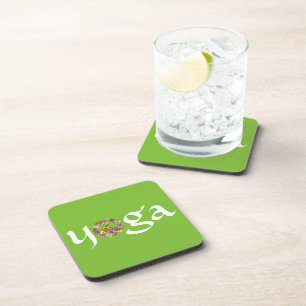 Yoga Peace Sign Floral on Lime Green Coaster