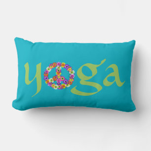 Yoga Peace Sign Floral on Turquoise Lumbar Pillow