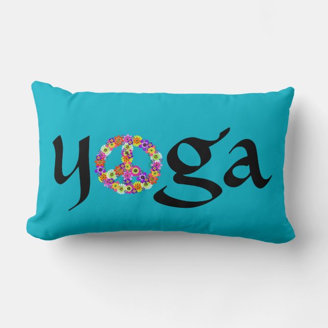Yoga Peace Sign Floral on Turquoise Lumbar Pillow (Front)