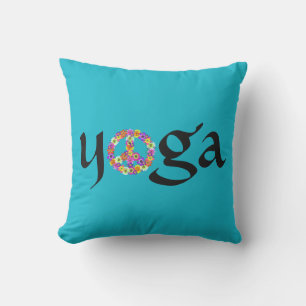 Yoga Peace Sign Floral on Turquoise Outdoor Pillow