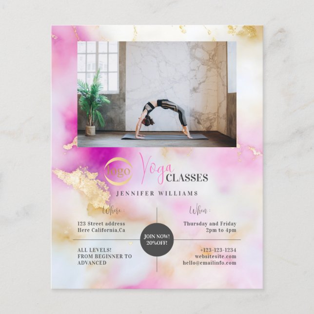 Yoga Photo Logo Abstract Watercolor Pink Gold Flyer (Front)