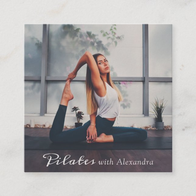 Yoga pilates instructor elegant boho script photo square business card (Front)