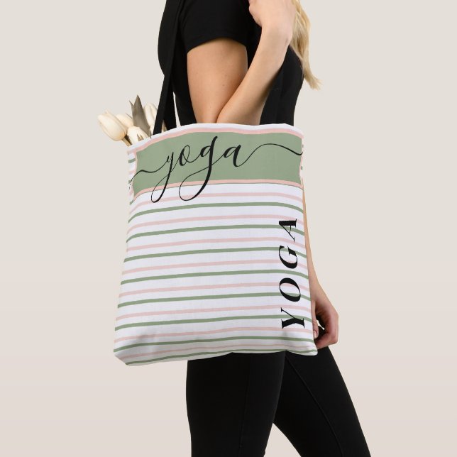 Yoga Pink and Green Stripes  Tote Bag (Close Up)