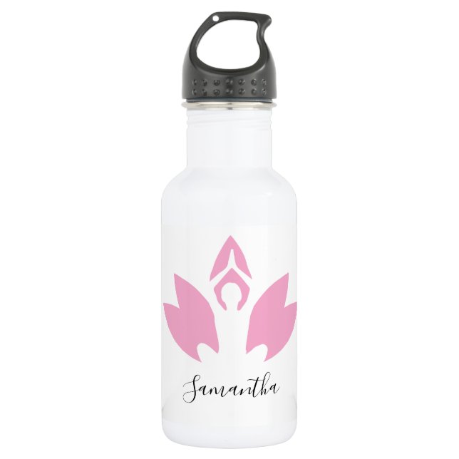 Yoga, Pink Lotus, silhouette, modern script, 532 Ml Water Bottle (Front)