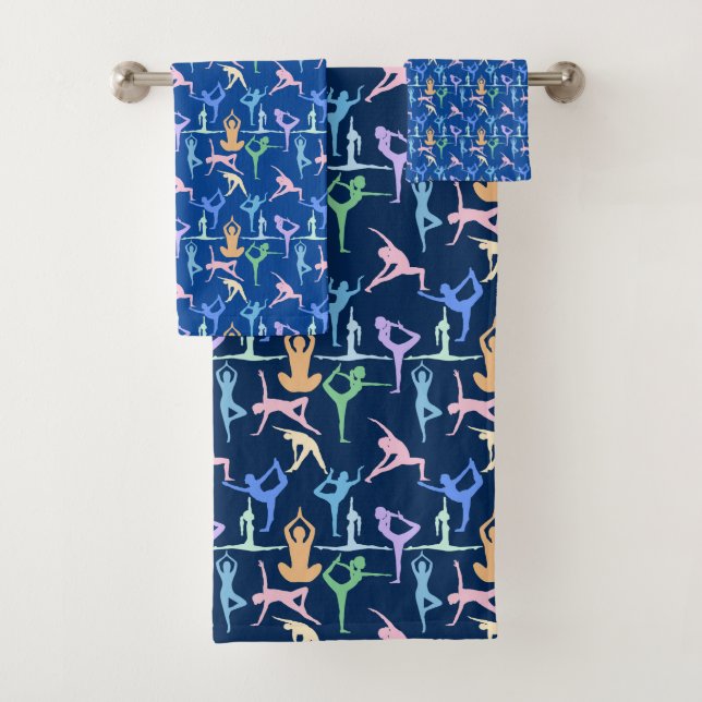 Yoga Pose Pastel Pattern 01.bx4 D Blue BG Bath Towel Set (Insitu)