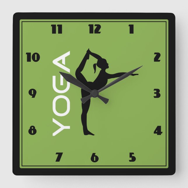 Yoga Pose Silhouette on Green Background Square Wall Clock (Front)