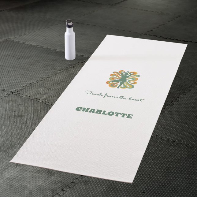Yoga pose swirls retro green orange name slogan yoga mat (Creator Uploaded)