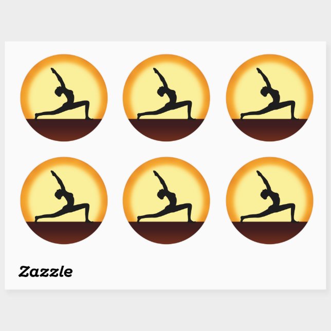 Yoga Pose Woman Silhouette Sunrise Round Stickers (Sheet)