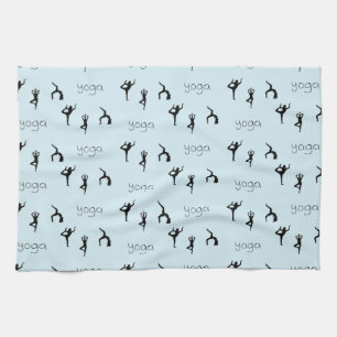Yoga poses and text pattern on blue kitchen towel