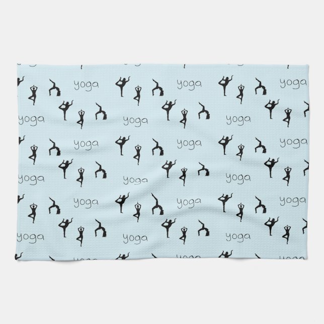 Yoga poses and text pattern on blue kitchen towel (Horizontal)