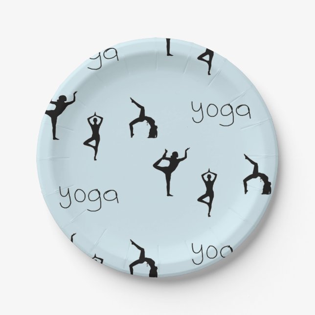 Yoga poses and text pattern on blue paper plate (Front)