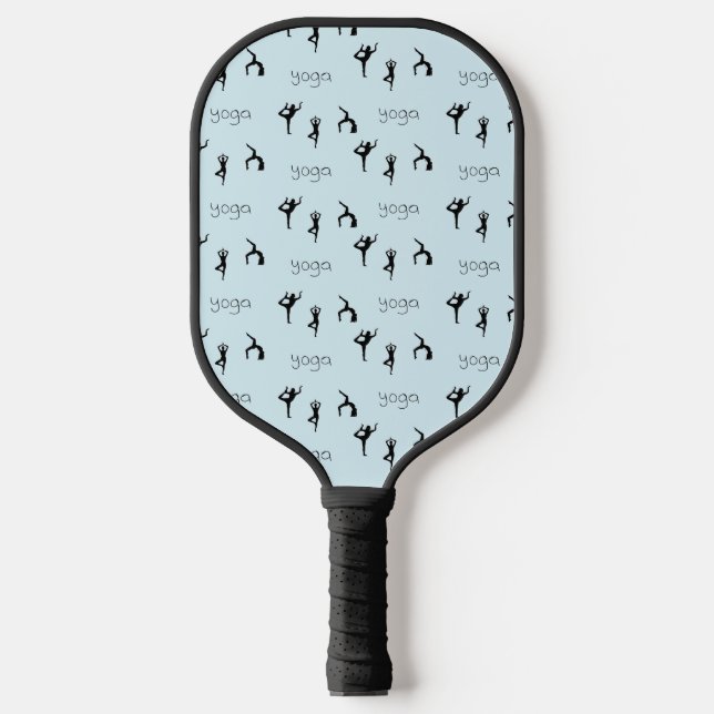 Yoga poses and text pattern on blue pickleball paddle (Front)
