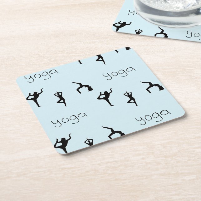 Yoga poses and text pattern on blue square paper coaster (Angled)