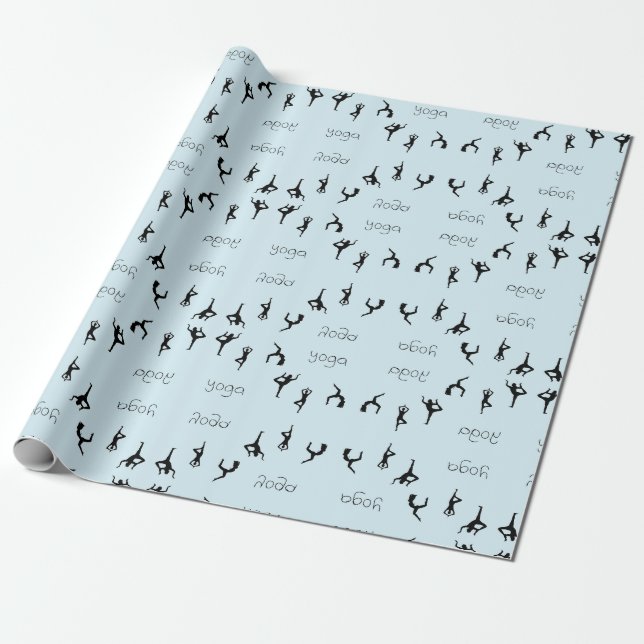 Yoga poses and text pattern on blue wrapping paper (Unrolled)