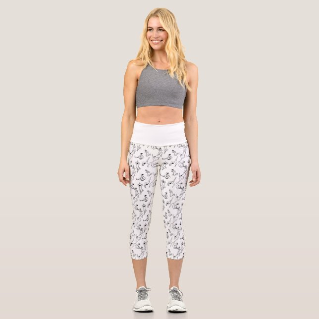 Yoga poses black and white pattern capri leggings (Front)