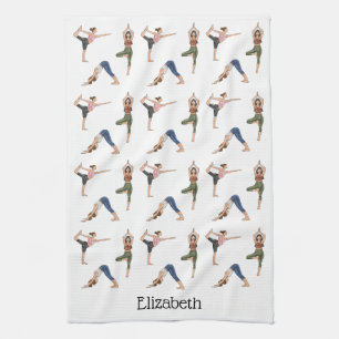 Yoga Poses Colourful Workout Pattern With Name Kitchen Towel