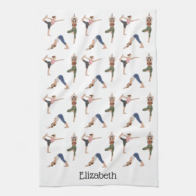 Yoga Poses Colourful Workout Pattern With Name Kitchen Towel (Vertical)
