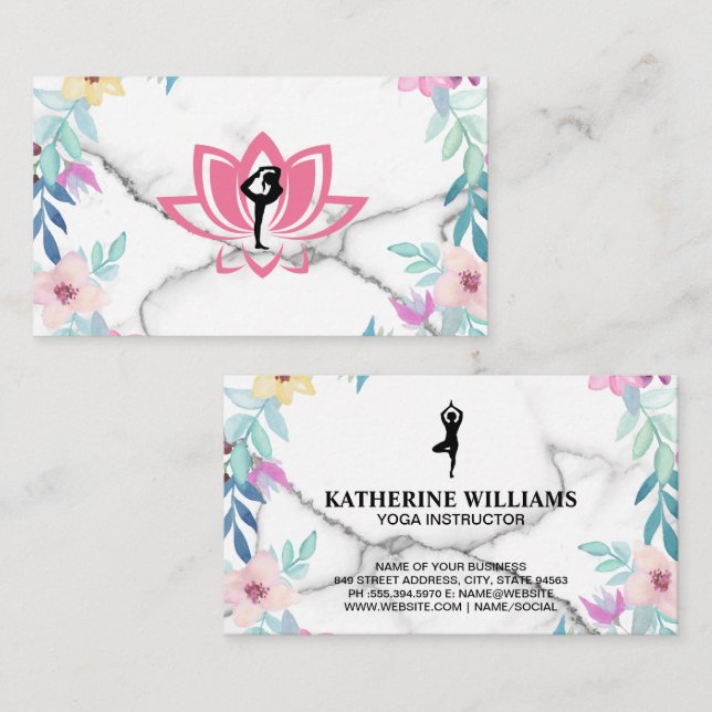 Yoga Poses | Marble and Elegant Flowers Business Card (Front/Back)
