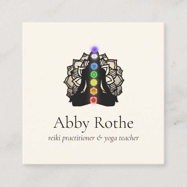 Yoga Reiki Practitioner with Chakras Lotus Square Business Card (Front)