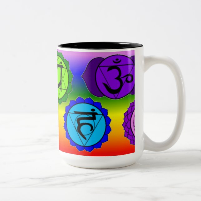YOGA REIKI SEVEN CHAKRA SYMBOL MUG. (RAINBOW BG) Two-Tone COFFEE MUG (Right)