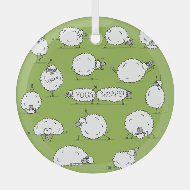 Yoga Sheep: Whimsical Sketch Fun. Glass Ornament (Front)