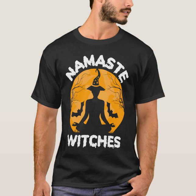 Yoga Skeleton Namaste Witches Funny Halloween Yogi T-Shirt (Front)