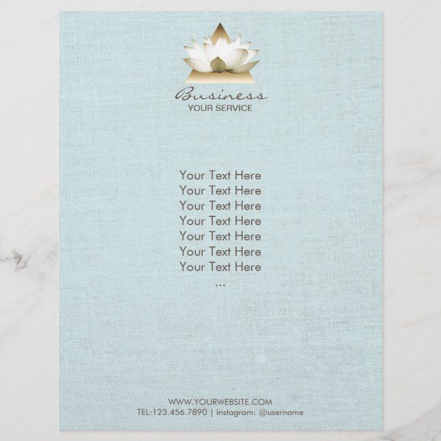 Yoga Studio Gold Lotus Logo Blue Linen Brochure (Front)