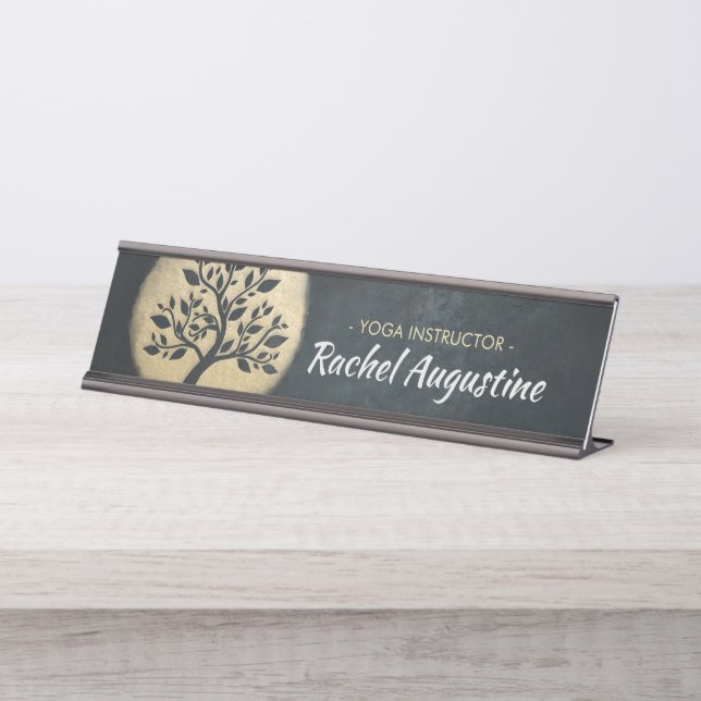 Yoga Studio Meditation Instructor Black Gold Tree Desk Name Plate (Front)