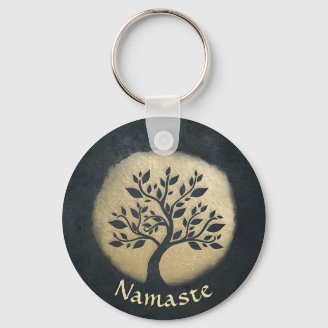 Yoga Studio Meditation Instructor Black Gold Tree Keychain (Front)