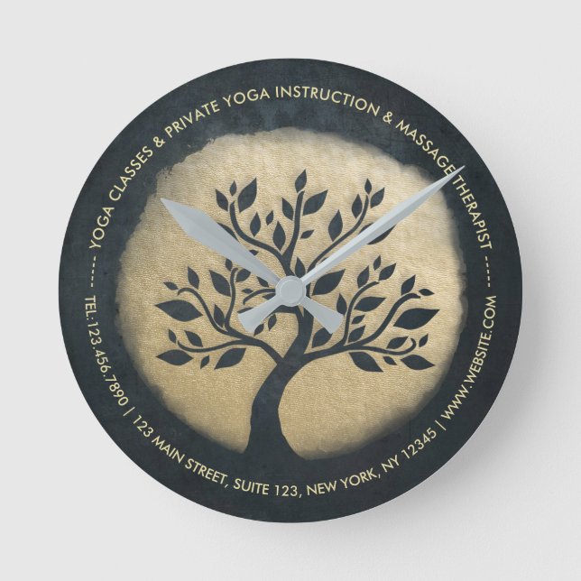 Yoga Studio Meditation Instructor Black Gold Tree Round Clock (Front)