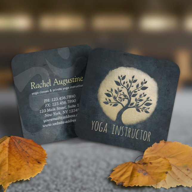 Yoga Studio Meditation Instructor Black Gold Tree Square Business Card (Creator Uploaded)
