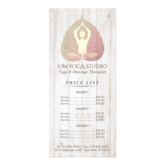 YOGA Studio Price List Meditation Pose Bodhi Leaf Rack Card (Front)