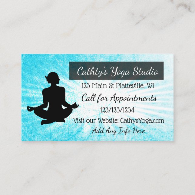 Yoga Studio Zen Themed Blue and Black Business Card (Front)