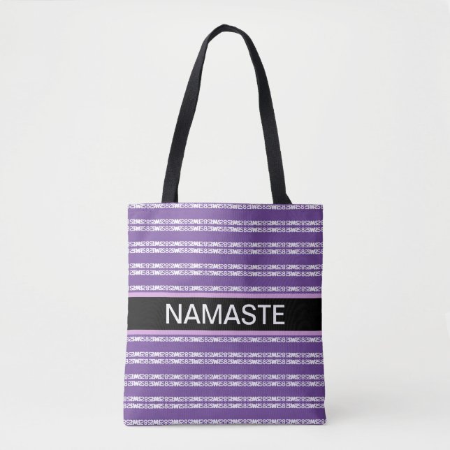 Yoga stylish white striped pattern on violet tote bag (Front)