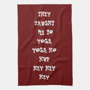 Yoga theme fun text design wine red plum yoga   kitchen towel